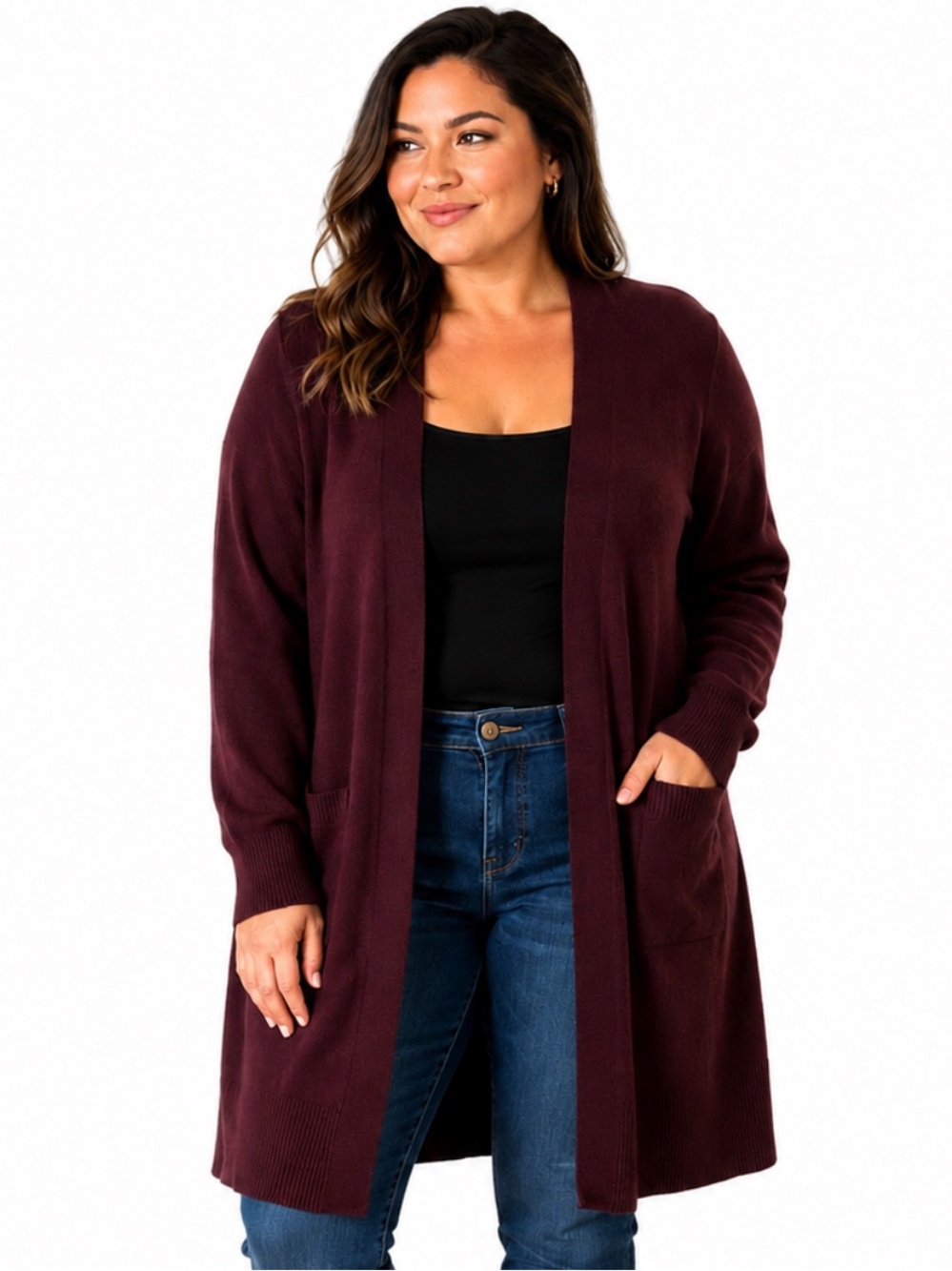 ANA Burgundy Open Front Long Cardigan Sweater - Size XL